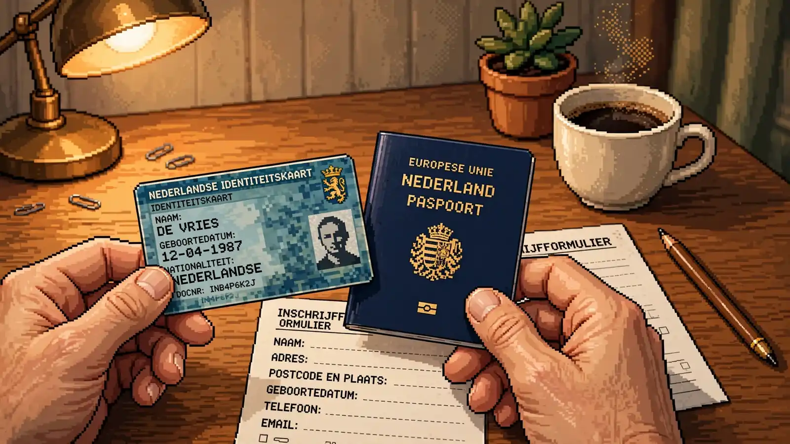 Handen aan een bureau controleren een Nederlands identiteitsbewijs