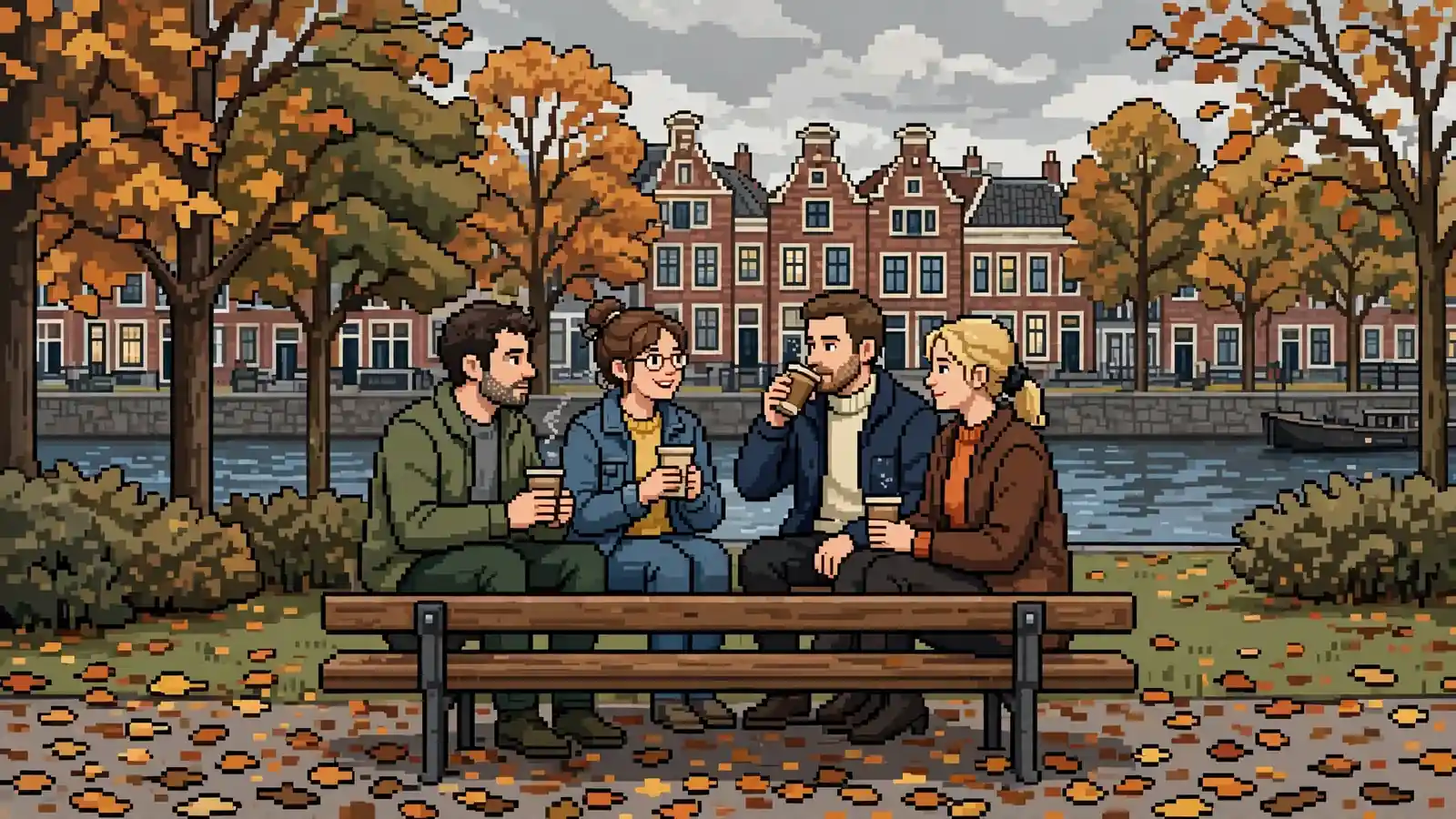 Jongeren op een bankje in een Nederlands stadspark met koffie